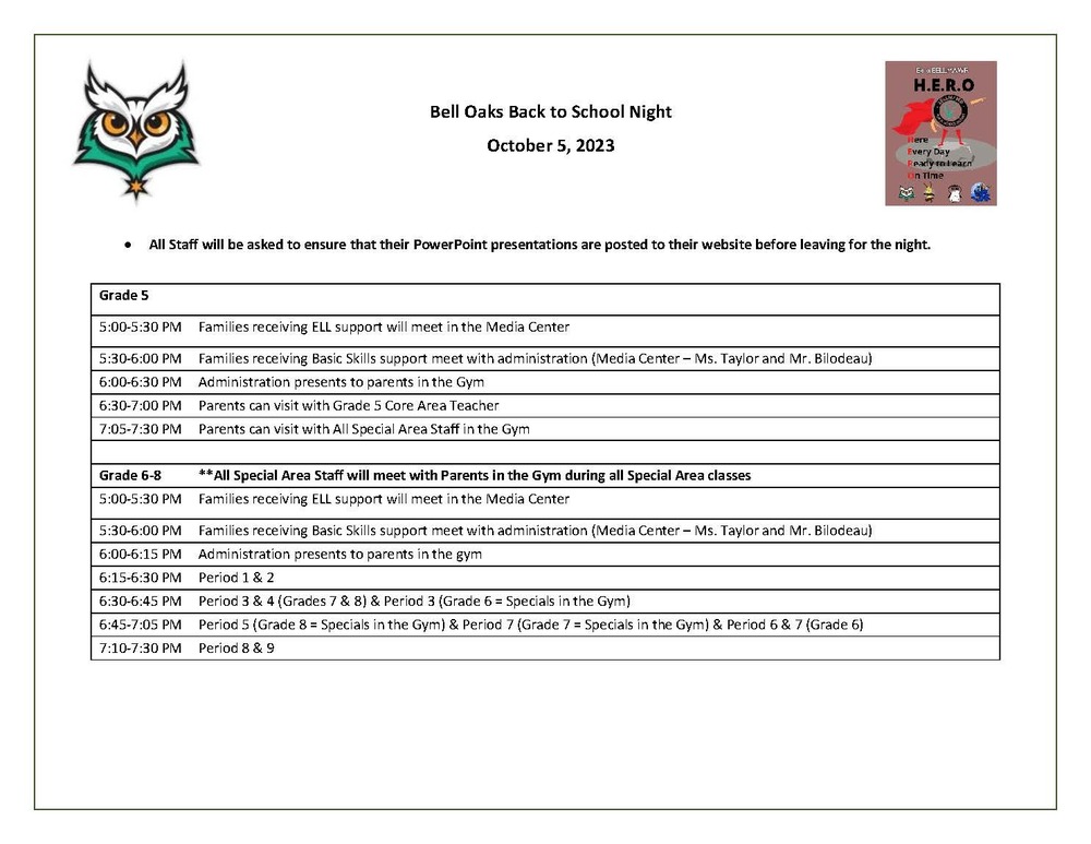 Back to School Night Information