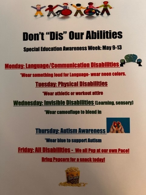 Special Education Week is May 9-13!  Please follow our schedule to recognize all our exceptional students!